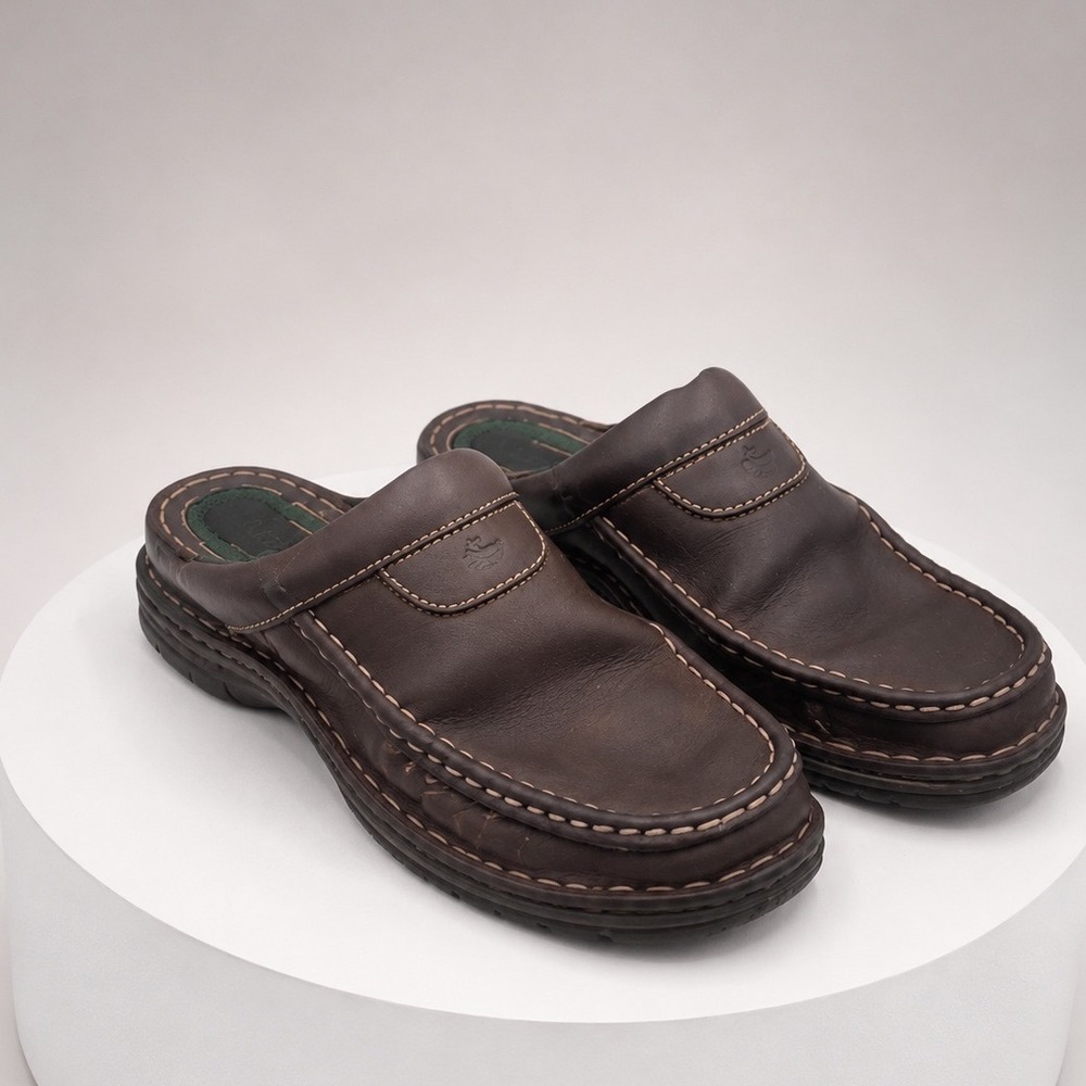 GH Bass & Co Womens Brown Leather Mules Clogs Contrast Stitch Slip On Shoes
